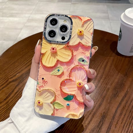 花柄 iPhone15/15Plusケース 光る油絵 綺麗 iPhone14/13proカバー ガールファッション 頑丈 かわいい 耐久性 [M3543]