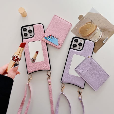 ICカード収納 ミラー iPhone14/14proケース 革製 ショルダー アイフォン13/12/SE3カバー シンプル風  実用 [M2283]