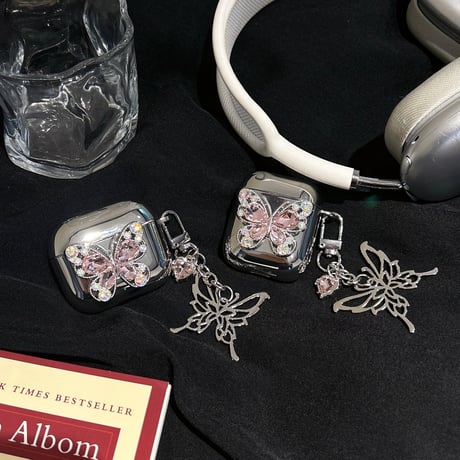 春夏におすすめ Airpods4ケース ダイヤ蝶  Airpods3/Pro2ケース airpodspro2カバー  蝶キーチェーン付 女子力高い メッキ[M5125]
