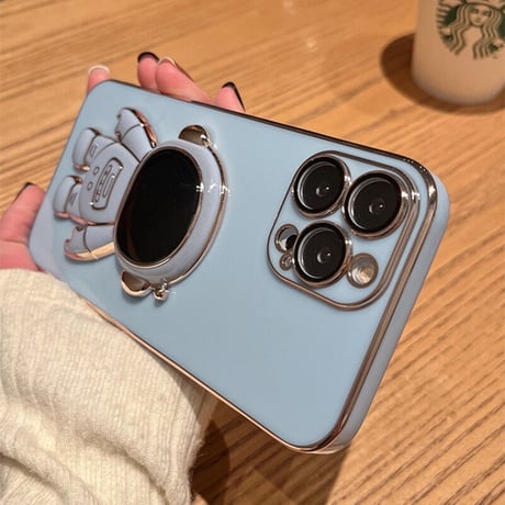 宇宙飛行士グリップ iphone14/13promaxケース ツヤ感金色枠 iphone12mini/SE3/11カバー  高級感  保護力強いソフトケース 落下防止 スタンド機能あり[M1982]