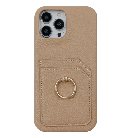 カード入れ2個 アイフォン14pro/14plusカバー リング付き iPhone13mini/12/11proケース レザー製 ハードケース  シンプル 実用 [M2545]