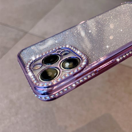 キラキラ紫色 iphone14pro/14promaxケース ラメ入りシール付  アイフォン13/12/11カバー ジュエリー枠  艶あり  オシャレ  人気[M2265]
