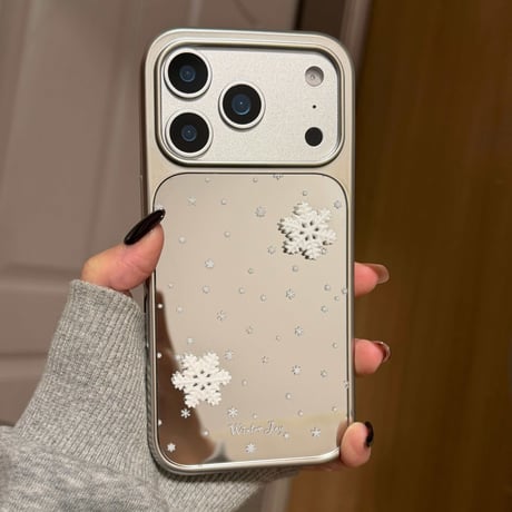 雪花 ミラー iPhone17/17Proケース きれいメイク直し鏡 iPhone17Promax/16Pro/15カバー メッキ 頑丈 ガールズに人気 [M5951]