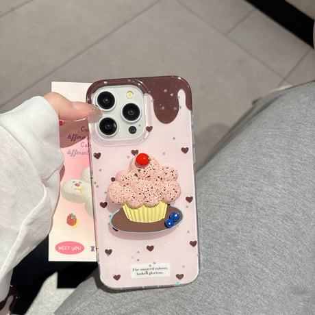 韓国風 iPhone16pro/16ケース ハート柄 ケーキグリップ iphone15pro/14/13proカバー 可愛い  夏人気品[M5402]