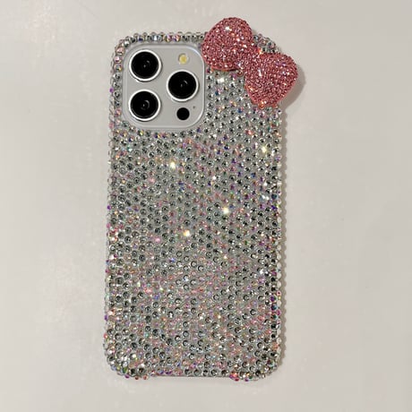 ダイヤ iPhone16/16Proケース  可愛すぎるリボンデコ iPhone15Pro/14/13proカバー 華やか キラキラ 高品質 [M4681]