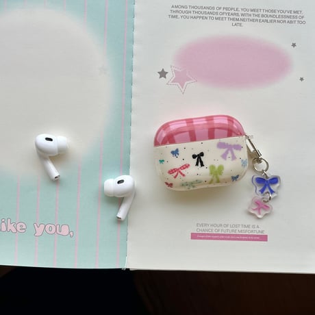 リボン Airpods 4ケース チェック柄 Airpods3/Pro2ケース airpodsproカバー リボンキーホルダー/リング付 [M5101]