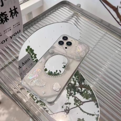 パール鏡付 iPhone15/15proケース  蝶/花 iPhone14pro/13mini/12proカバー 透明 綺麗 女子力アップ[M3990]