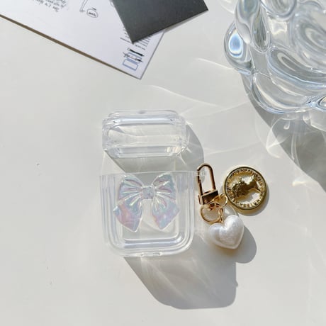 【Airpods4】キラキラリボン AirpodsPro2ケース ハートアクセサリー付 airpods3/2/1ケース  かわいい 耐衝撃クリアケース ギフトにおすすめ[M3073]