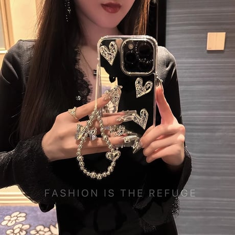 オシャレ鏡付 iPhone15/15proケース ハートデコ リボンストラップ iPhone14/13pro/12ケース  シック 可愛い 便利[M3960]
