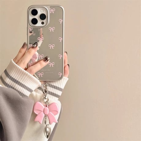 リボン ミラーiPhone16Pro/16ケース リボンキーチェーン iPhone15Pro/14/13proカバー 大人可愛い 高級感 [M5216]