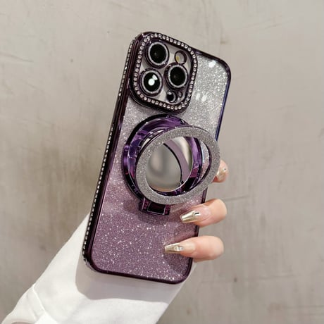 iPhone17/17Proケース 鏡付Magsafeリングスタンド iPhone16/15Proケース  ストーン  綺麗 多機能 コスパ最強[M3769]