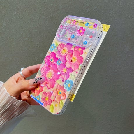 油絵花 iPhone17Pro/17ケース ストーンライン iPhone16Pro/15/14ケース 光沢感 可愛い 美しい[M6207]