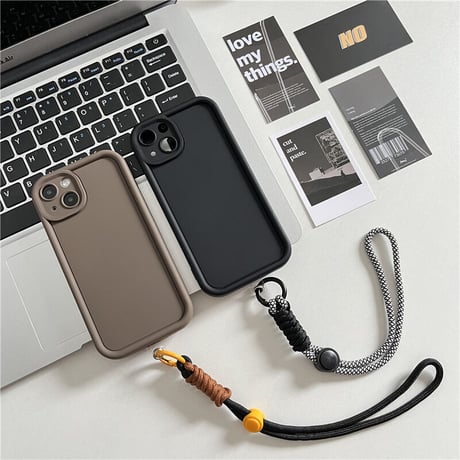 ストラップ付 無地iPhone15/14ケース シンプル風 アイフォン13/12/11proカバー 落下防止 紐取り外し可[M3414]