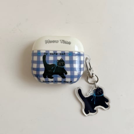 ネコちゃんとチェック柄 Airpods Pro3ケース 可愛すぎ Airpods4/3カバー pro2/pro1 黒猫キーホルダー/リング 耐久性ある[M6056]