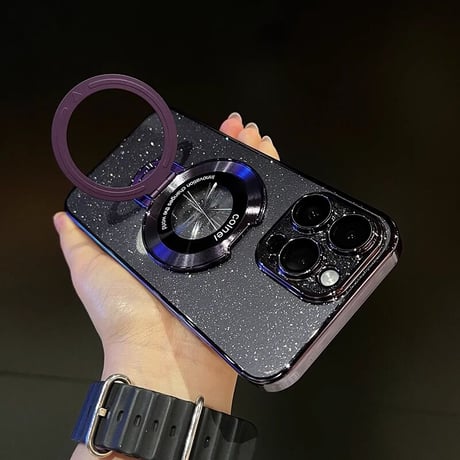 Magsafe対応 iPhone15/15proケース スタンド オシャレ アイフォン14/13proカバー レンズフイルム付 キラキララメ入り [M3620]