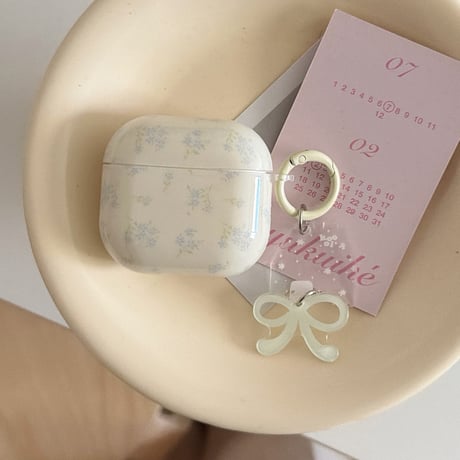 淡色系 Airpods Pro3ケース ベージュ 花柄 Airpods 4/3カバーケース AirpodsPro2/1 リボンキーホルダー 高級感 [M6378]
