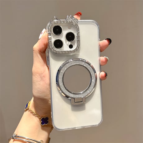 ミラー iPhone17/17Proケース ジュエリーリボンカメラ枠 iPhone17Air/17Promaxカバー スタンド機能 高透明[M5670]