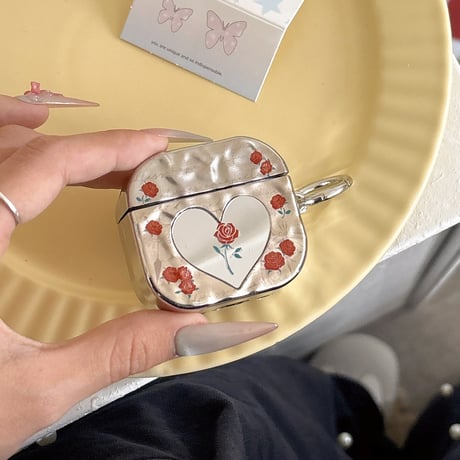 Airpods 4ケース ハート鏡 薔薇柄 Airpods3/Pro2ケース airpodspro2カバー シルバー 女子力高い リング付[M5211]
