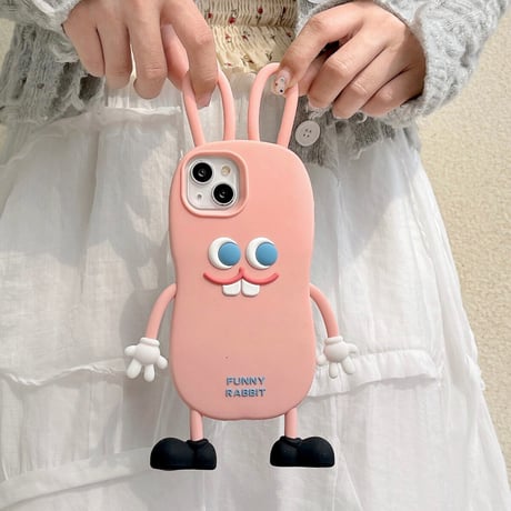 ウサギ iPhone14/13ケース ピンク シリコンアイフォン12/11カバー かわいい 耳持ち手 頑丈 プレゼントにおすすめ  [M3117]