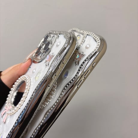 可愛い鏡付 iPhone16pro/16ケース パール/ジュエリー iPhone15/14pro/13promax/12カバー うねうね おしゃれ[M5271]