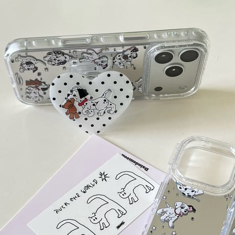 ダルメシアン 鏡付 iPhone17pro/17ケース グリップ付き iPhone16/15promax/14ケース かわいい 多機能便利[M6217]