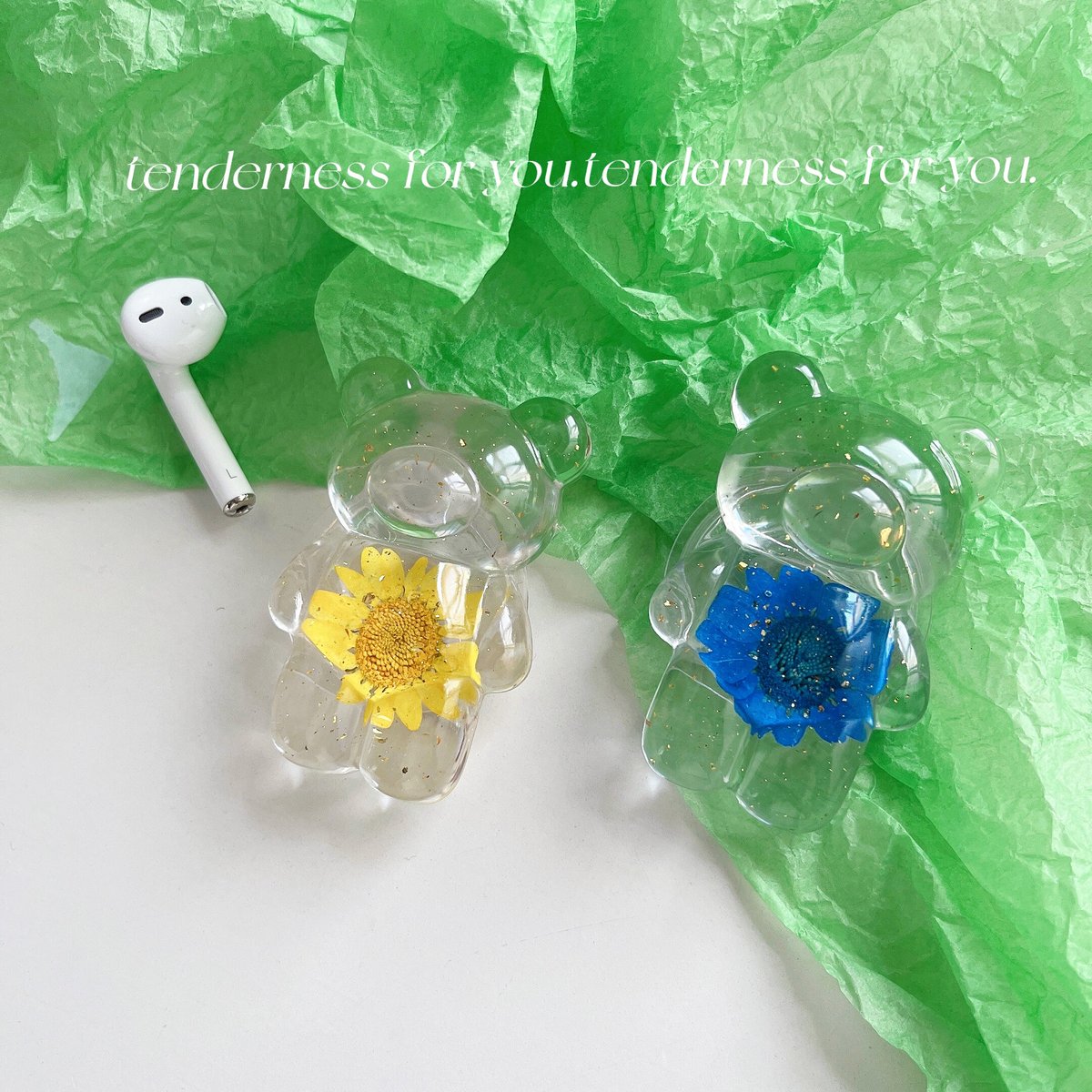 押し花付クマちゃん スマホグリップ/ポップソケット 綺麗 伸び縮み式