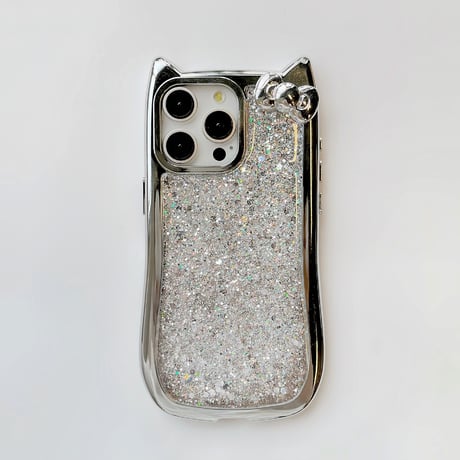 リボン 猫の耳 iPhone15Pro/15カバー キラキラグリッタ アイフォン14プロ/13/12ケース かわいい 女子力高い [M4393]