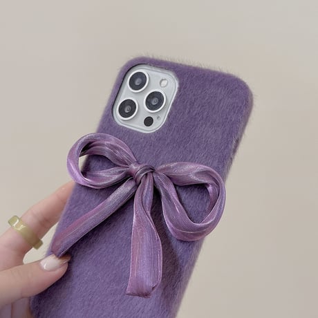 リボン付 iphone13pro/13promaxケース  パープル  iphone12pro/11カバー ガールズに超人気  秋冬向けM1051