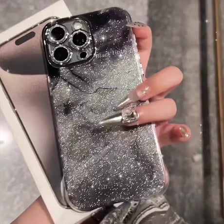 ぼかしブラック iPhone16/16plusケース  耐衝撃加工 iPhone15Pro/14/13pro/12クリアケース キラキラ かわいい レンズ保護[M4816]