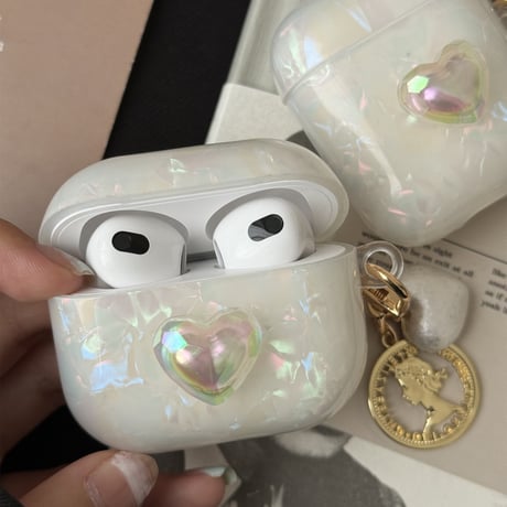 女子力アップ Airpods3/pro2ケース  かわいいシェル風 キラキラハートAirpods2/proカバー チャーム付 可愛い ギフトに最適[M4416]