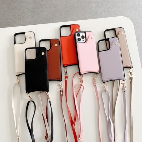 カード入れ2個 ミラー付iphone14/13proケース レザー製 アイフォン12mini/11カバー 長いストラップ付 スタンド機能あり[M2146]