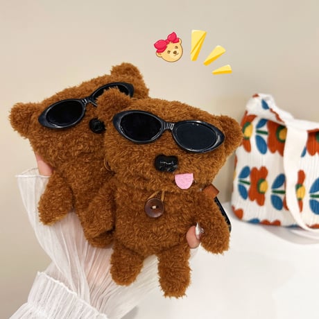 メガネクマさん AirPodsPro2ケース  かわいい airpods3ケース ふわふわ 手さわりいい フック付 ギフトにおすすめ[M3486]