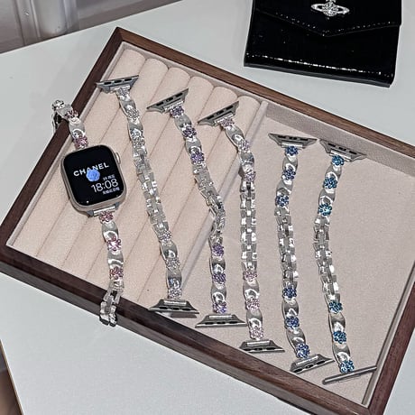 高級感花 Applewatchバンド ストーンデコ きれいアップルウォッチバンド Ultra2/1/SE2/1/Series9/8/7/6/5 ガールズファッション[M5312]