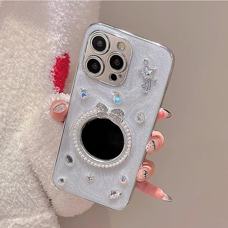 パールミラー iPhone16/16Proケース ダイヤ/リボンデコ iPhone15/14/13/12Proカバー 女子力高い ギフトにおすすめ [M4966]