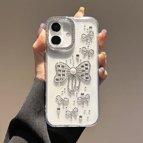 ハンドメイド iPhone16pro/16plusケース ダイヤリボンデコ iPhone15promax/14/13カバー オシャレ キラキラ[M5456]