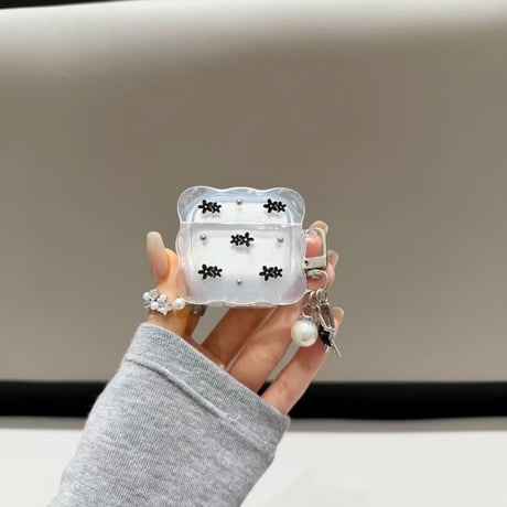 黒花 Airpods Pro3ケース パールキーホルダー Airpods 4/3カバーケース AirpodsPro2/1  韓国風 オシャレ [M6265]