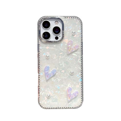ハートデコ iPhone16pro/16カバー シェル柄 iPhone15pro/14promax/13ケース パール/ジュエリーデコ 上品 大人可愛い [M5314]