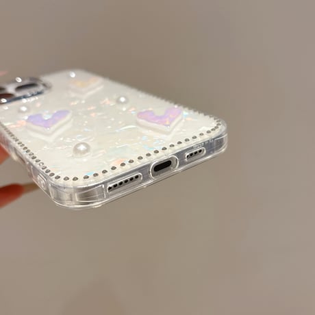 ハートデコ iPhone16pro/16カバー シェル柄 iPhone15pro/14promax/13ケース パール/ジュエリーデコ 上品 大人可愛い [M5314]