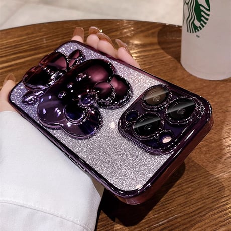 鏡付兎スタンド iPhone15/16proケース キラキラ iPhoneSE第3世代/14/13Proカバー 多機能便利 カメラ保護 [M3527]