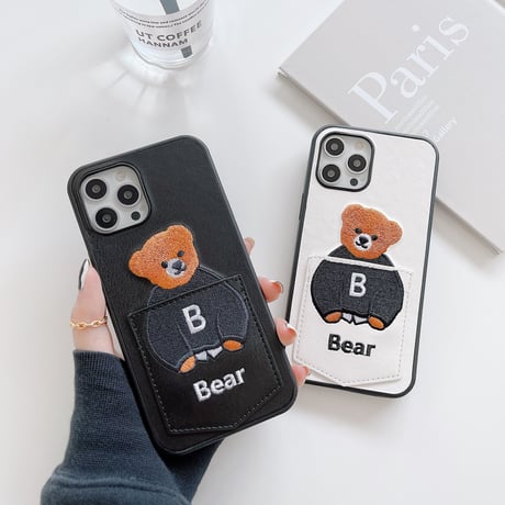 カード収納 iphone14Plus/13promaxケース 刺繡入りクマちゃんiphone12mini/11保護カバー  カップルお揃い 皮製 高品質[M2154]