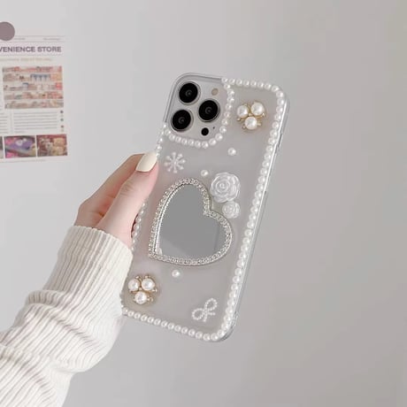パール 鏡 iPhone15/15pro/15plusケース 可愛い iPhone14pro/13mini/12proカバー きれいめコーデ ギフトに最適 [M4041]