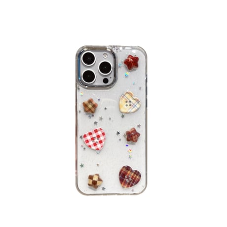 ハートボタン iPhone16/16Proケース ラメ入り 透明 iPhone15/14/13/12Proカバー トレンド 女子力高い [M5024]