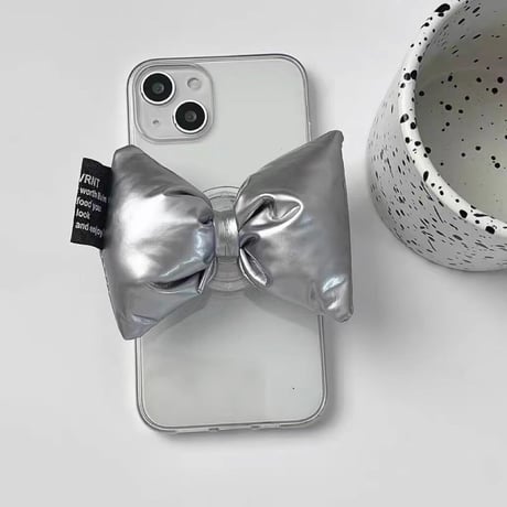 銀色リボングリップ iPhone15/14proケース クリア iPhone13mini/12/11pro/SE3カバー 韓国風 可愛い ギフトにおすすめ [M3243]