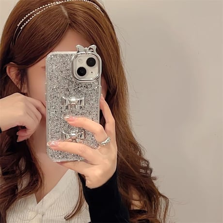 リボンデコ iPhone15/15proケース キラキラグリッター入り iPhone14/13pro/12カバー女子力アップ 可愛い[M4247]