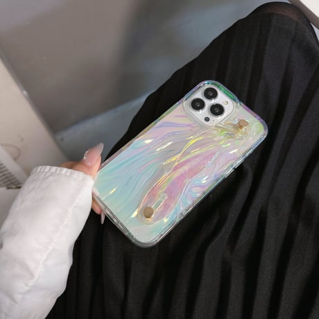 光るベルト付 iPhone15/15proケース 皺模様 iPhone14/13pro/12クリアケース スタンド かわいい シック[M3988]