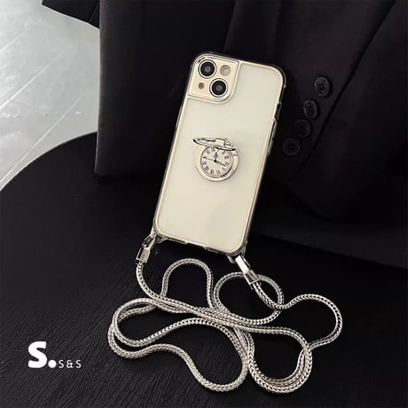 時計リング iPhone16/16proケース 高級感ショルダーチェーン付 iPhone15promax/14/13proカバー 透明 便利 丈夫[M5339]