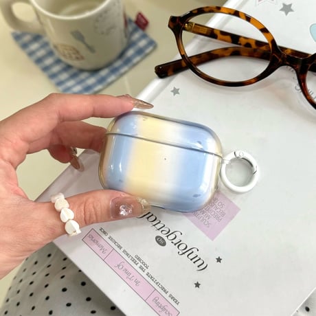 グラデーションカラー Airpods 4ケース ブルー/イェロー Airpods3/Pro2ケース airpodspro2カバー  リング付 シック 淡色系[M5245]