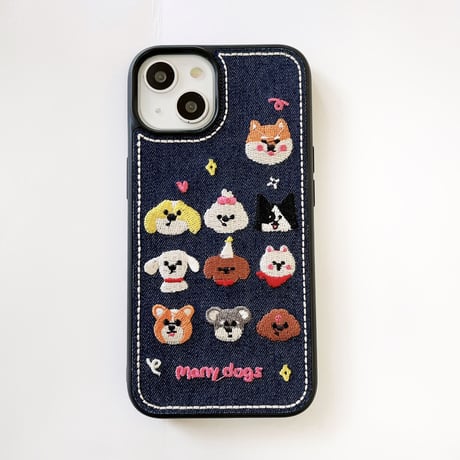 刺繡犬ちゃん iPhone15/14proケース デニム素材 iPhone13pro/12proカバー 可愛すぎる  [M3498]