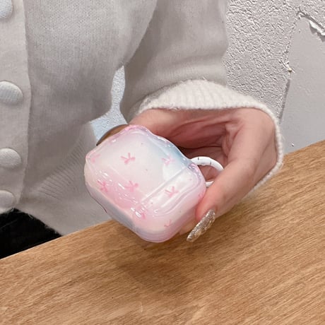 リボン柄 Airpods 4ケース グラデーションカラー ガーリーファッション Airpods3/2カバー Airpodspro2/pro リング/リボンキーチェーン うねうね[M4937]