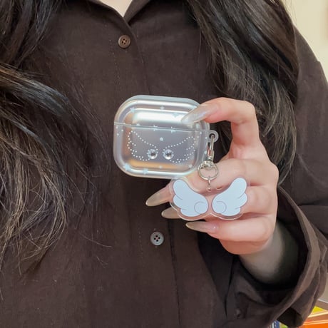 天使の翼 Airpods Pro3 ケース ダイヤデコ Airpods 4/3カバー  エアポッズプロ2  キーホルダー メッキ [M6029]